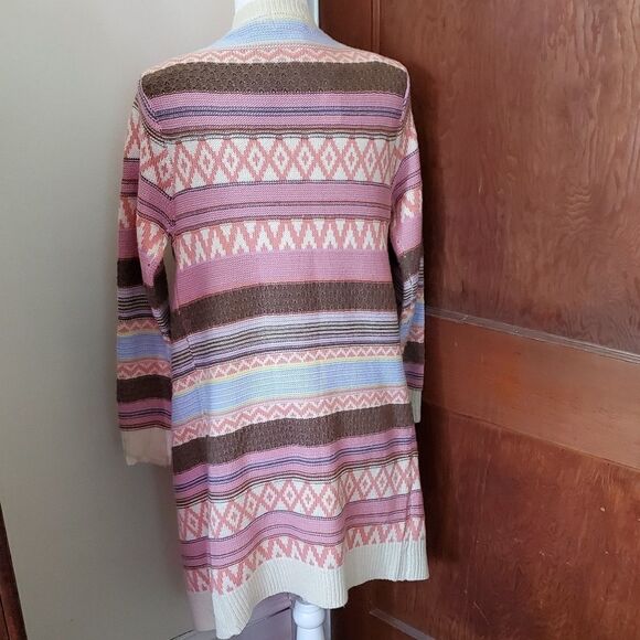 LOVE  cardigan open front stripe diamond print sweater M - Picture 4 of 7